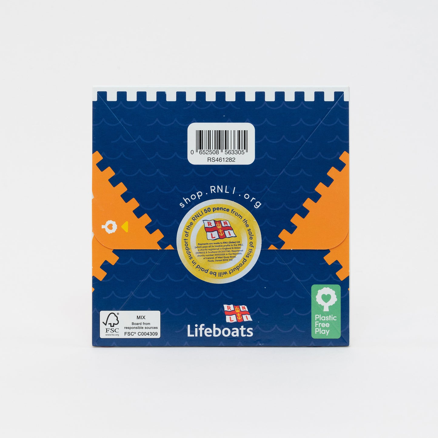 RNLI Inshore Lifeboat Playset. Back of compact box sealed with and RNLI sticker.