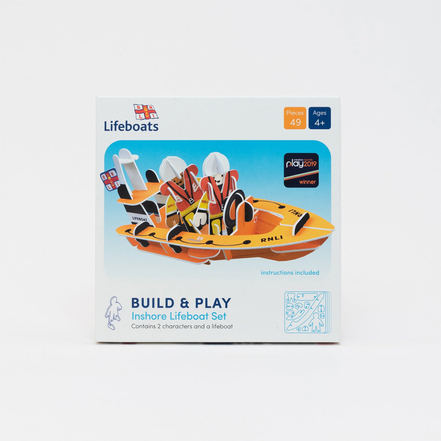 RNLI Inshore Lifeboat Playset. Press, Build & Play set in compact cardboard box. Two playboard RNLI team members in their yellow waterprroofs and life vests. Inside their fully buildable playboard RNLI dingy boat.