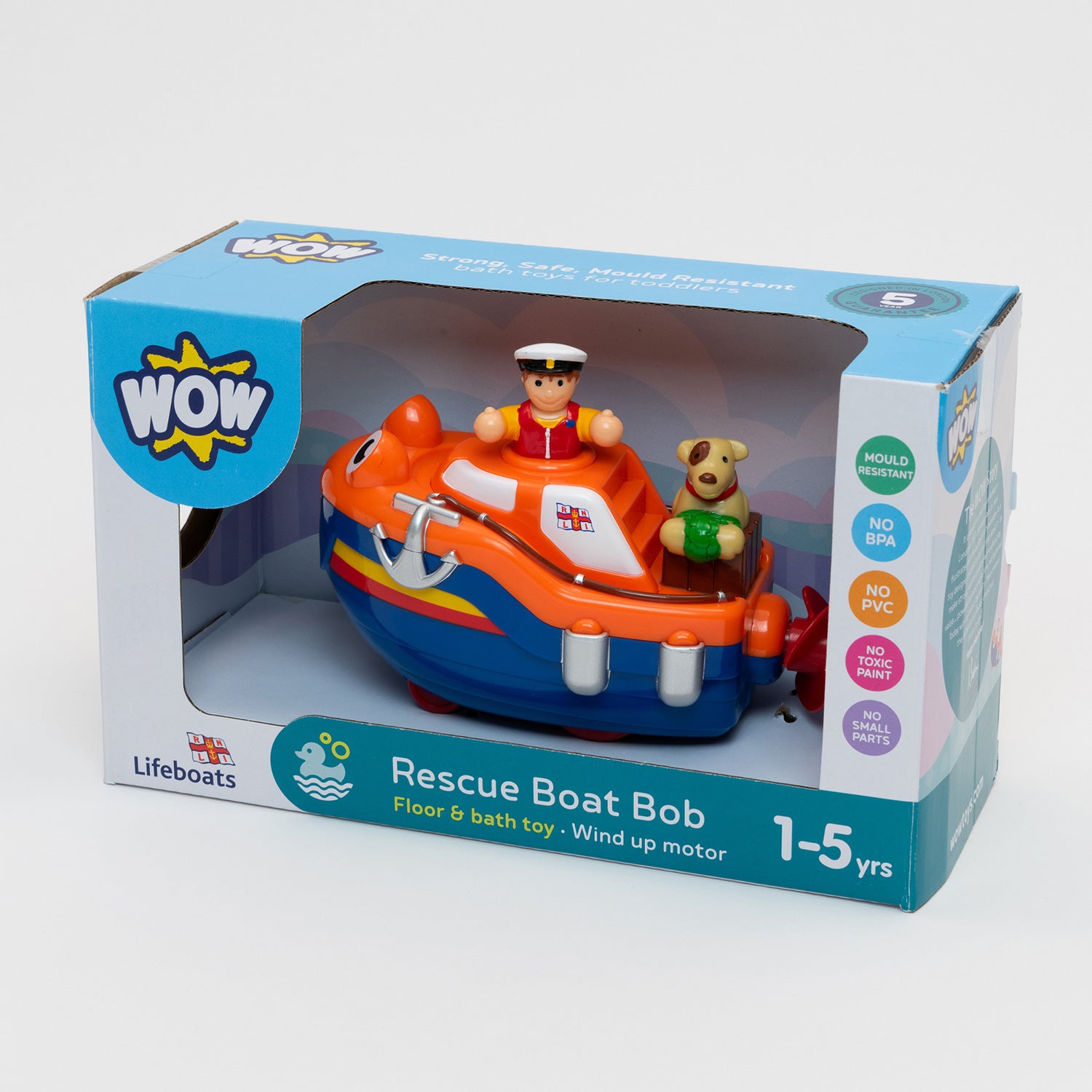Boxed RNLI lifeboat bath toy with lifeboat man figurine.