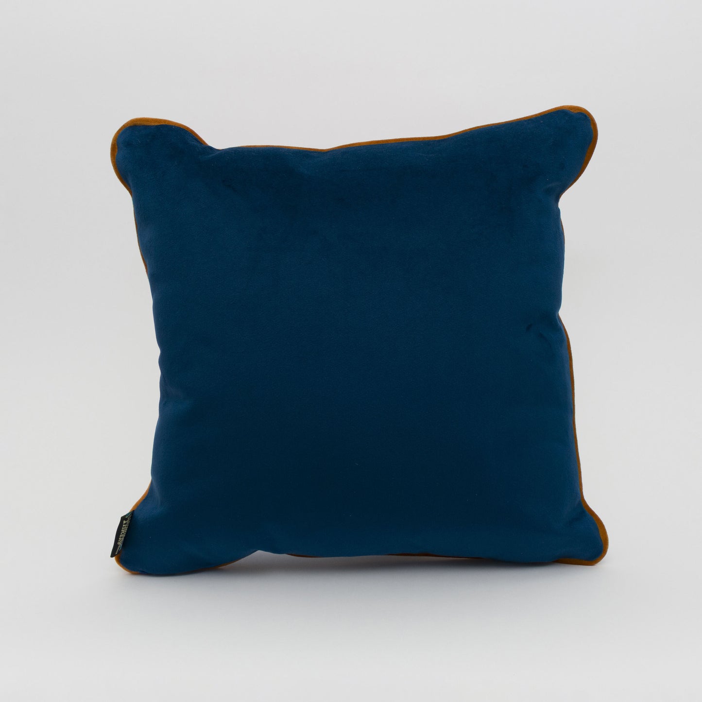 back of square cushion in plain blue velvet with orange piping around the edge.