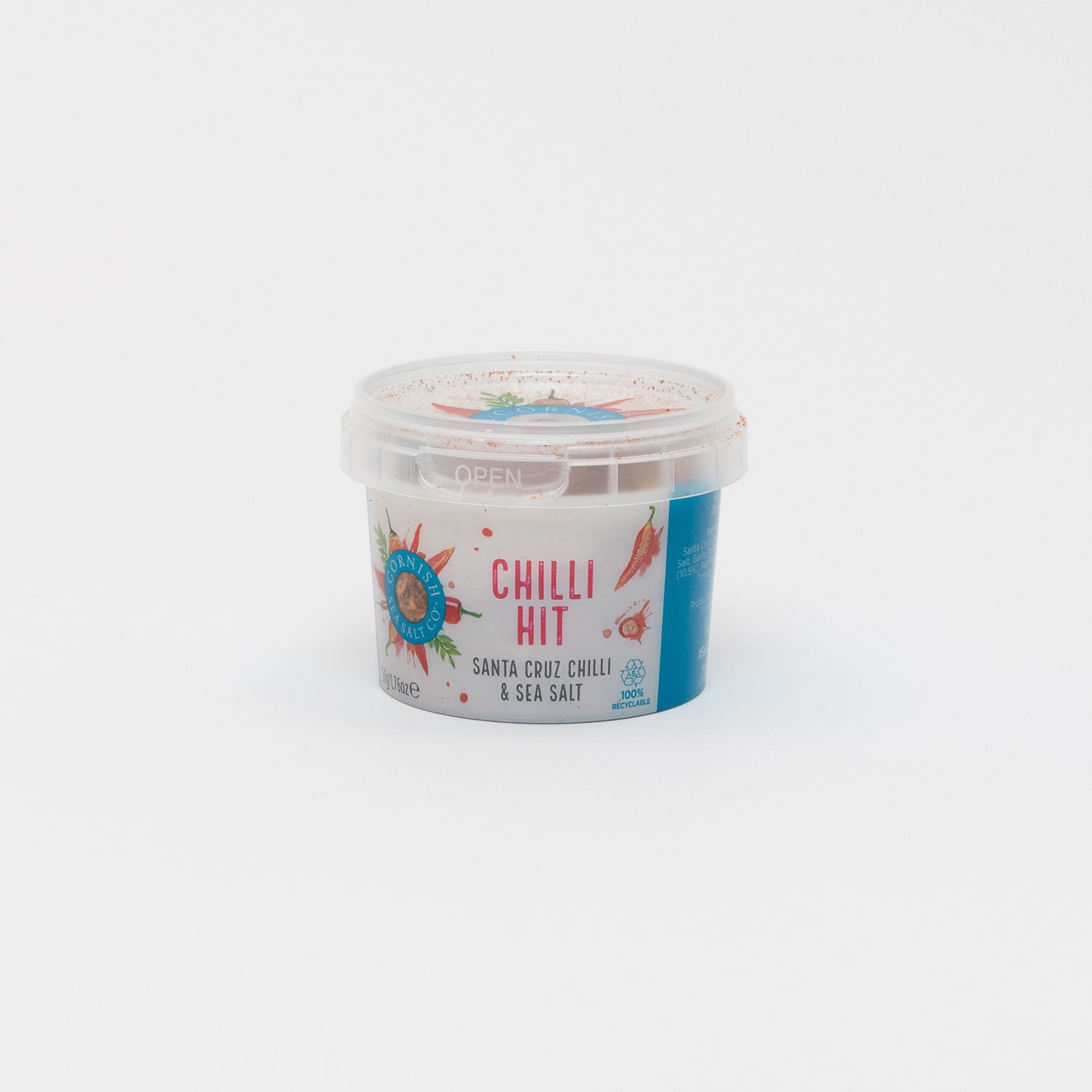 A pot of Cornish Sea Salt Chilli Hit on a white background.