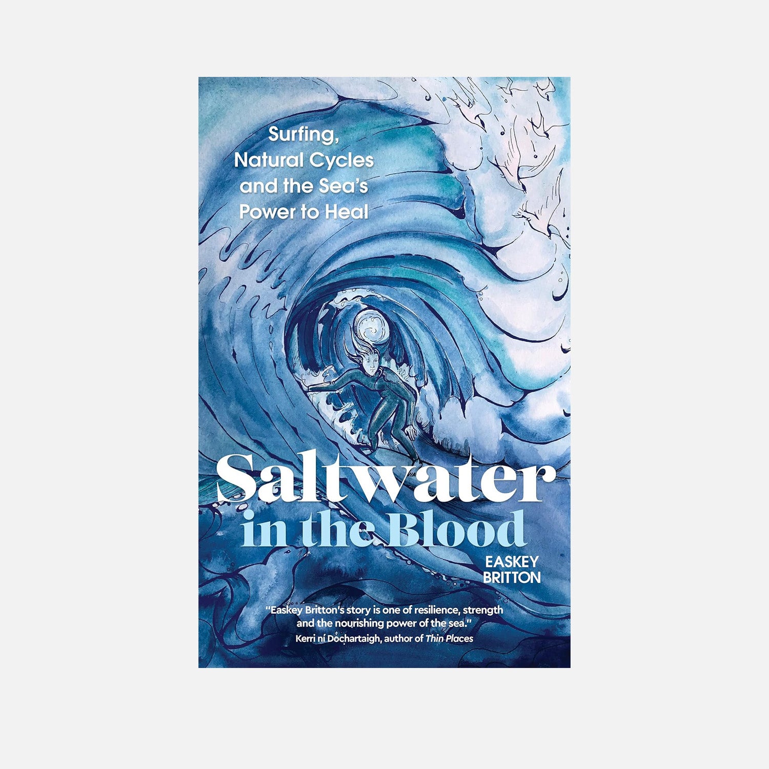 Cover of "Saltwater in the Blood" featuring a vibrant illustration of a person surfing within the barrel of a large blue wave.