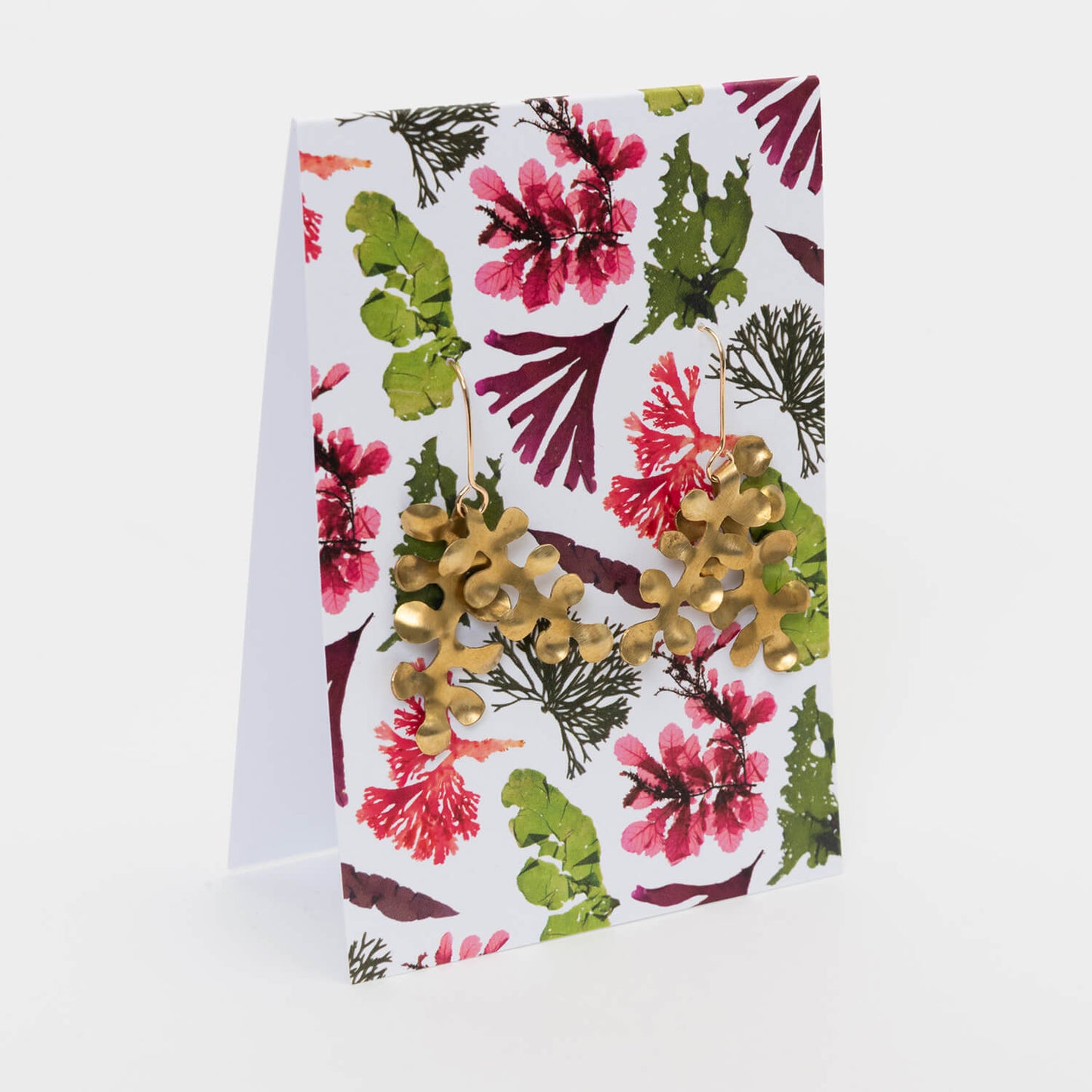 showing colourful packaging of the brass seaweed bubble earrings
