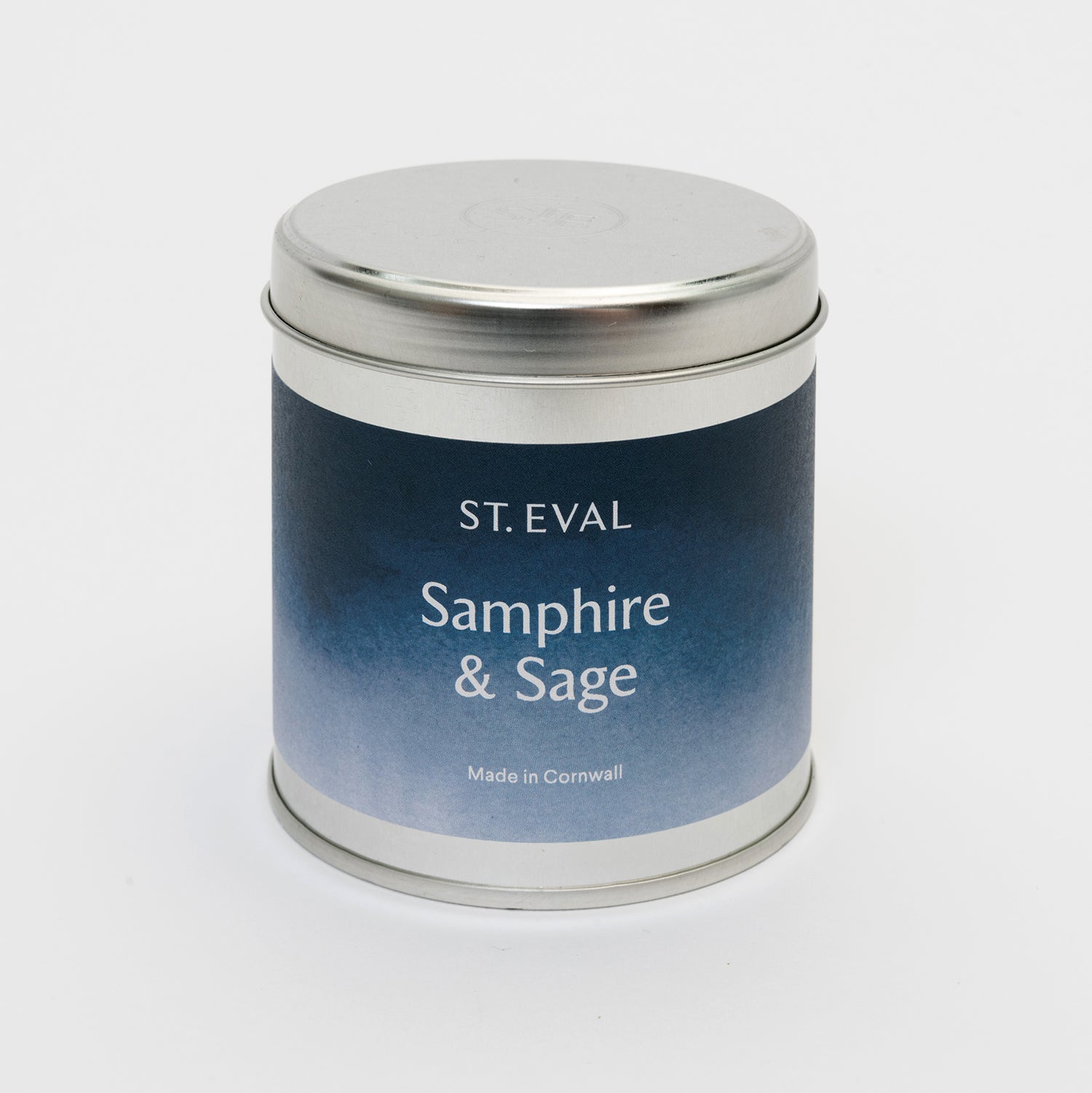 Blue and white label on the tin candle