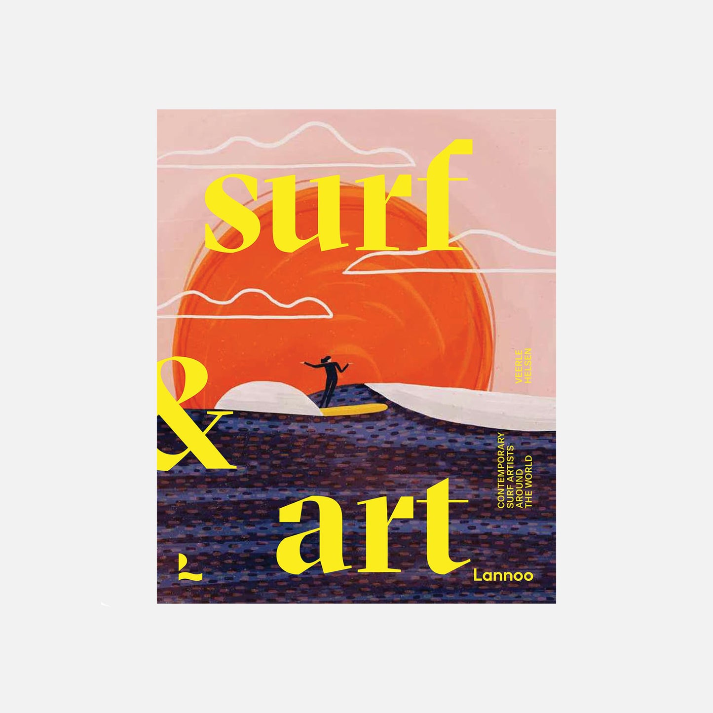 Cover of "Surf & Art" book featuring a graphic of a silhouetted surfer against a vibrant orange sunset, highlighting the fusion of surfing and art.