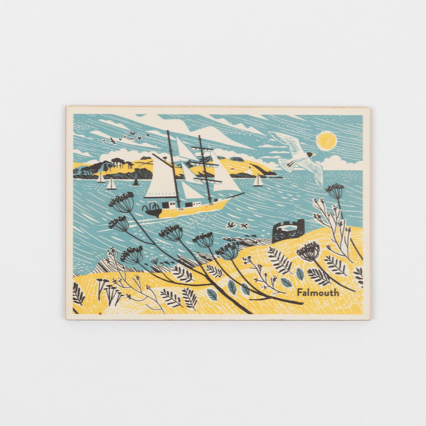 Front of the Falmouth Tall Ship Postcard featuring a tall ship in full sail in yellow, blue and white.