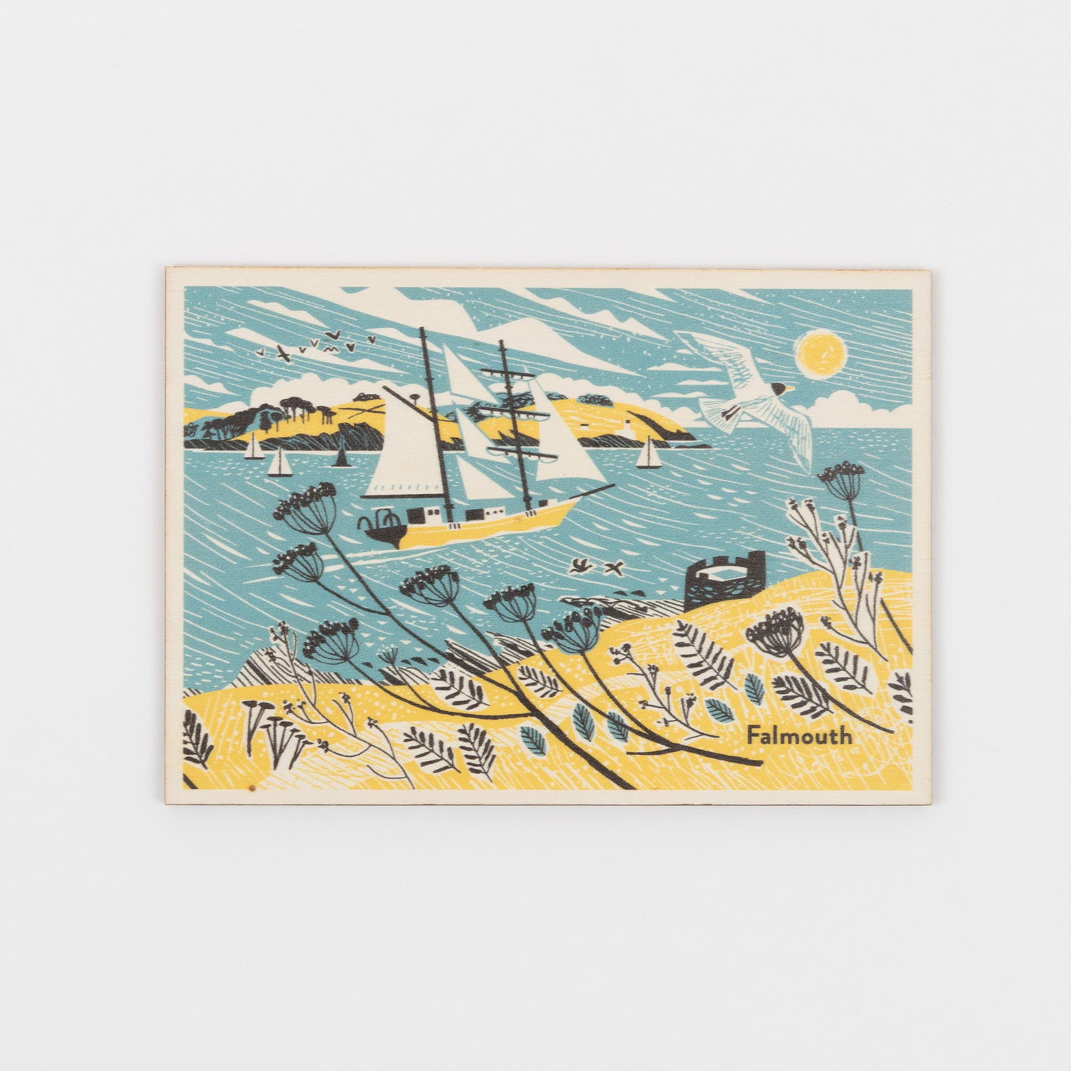 Front of the Falmouth Tall Ship Postcard featuring a tall ship in full sail in yellow, blue and white.