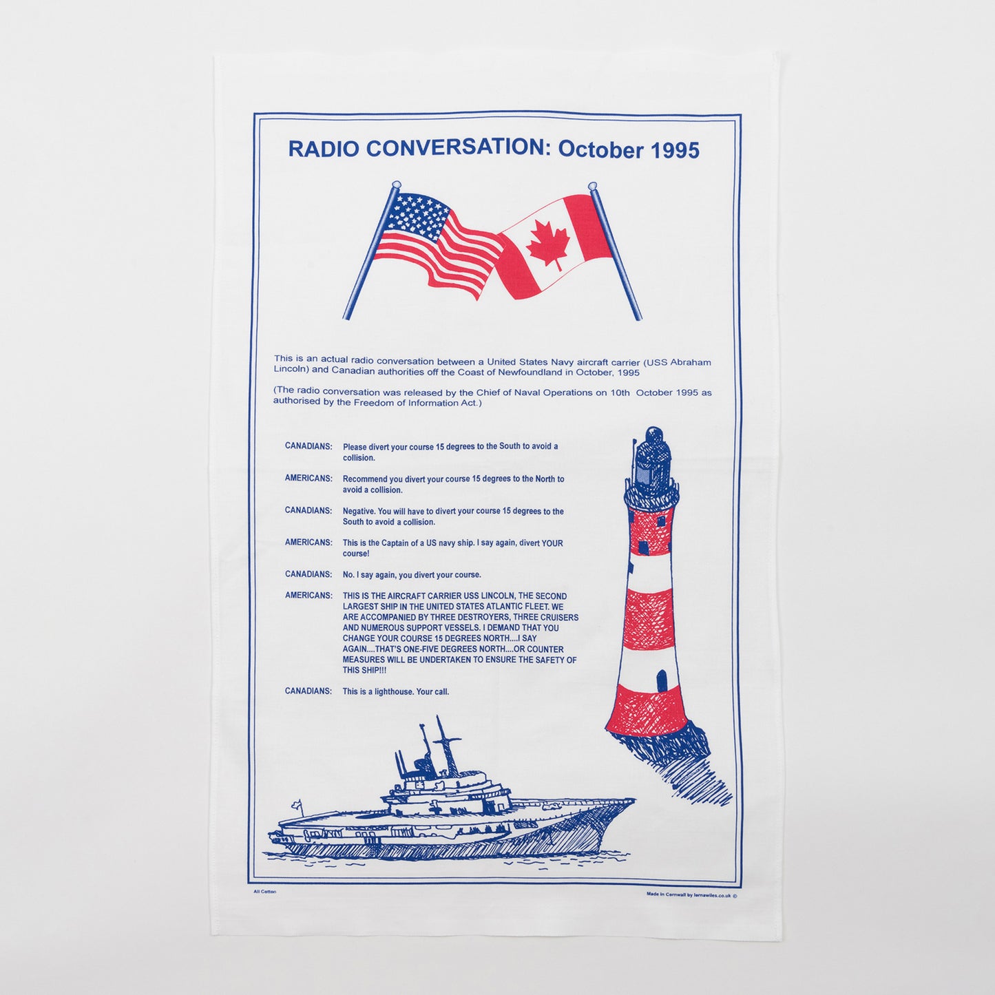 Blue, white and red Conversation Tea Towel on a white background.