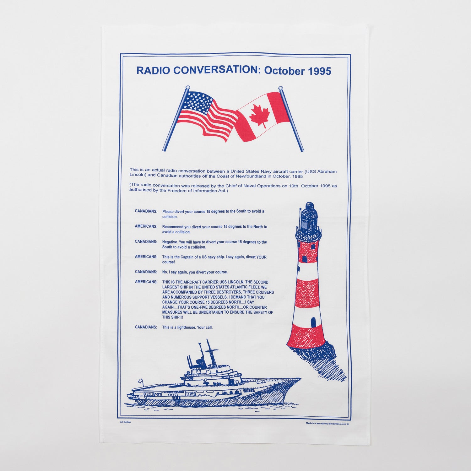 Blue, white and red Conversation Tea Towel on a white background.