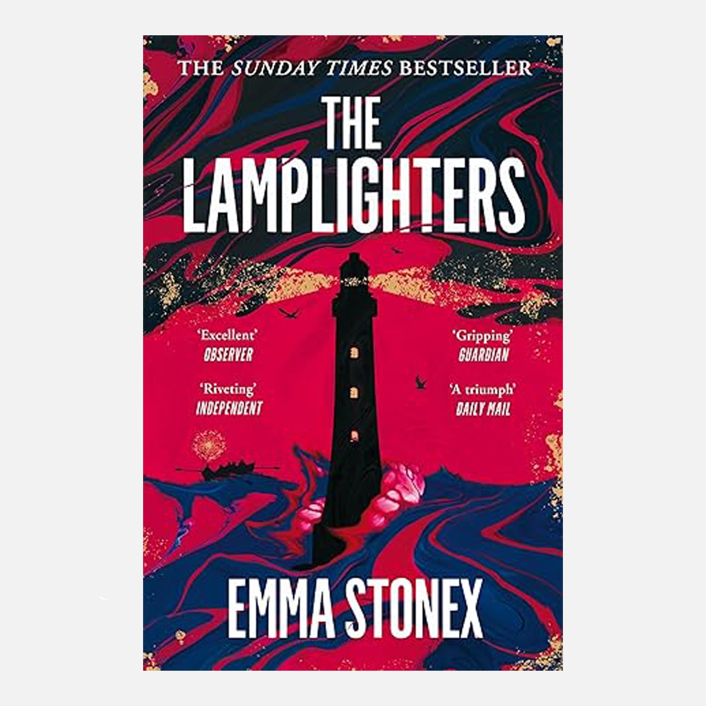 Dramatic red book cover showing a lighthouse