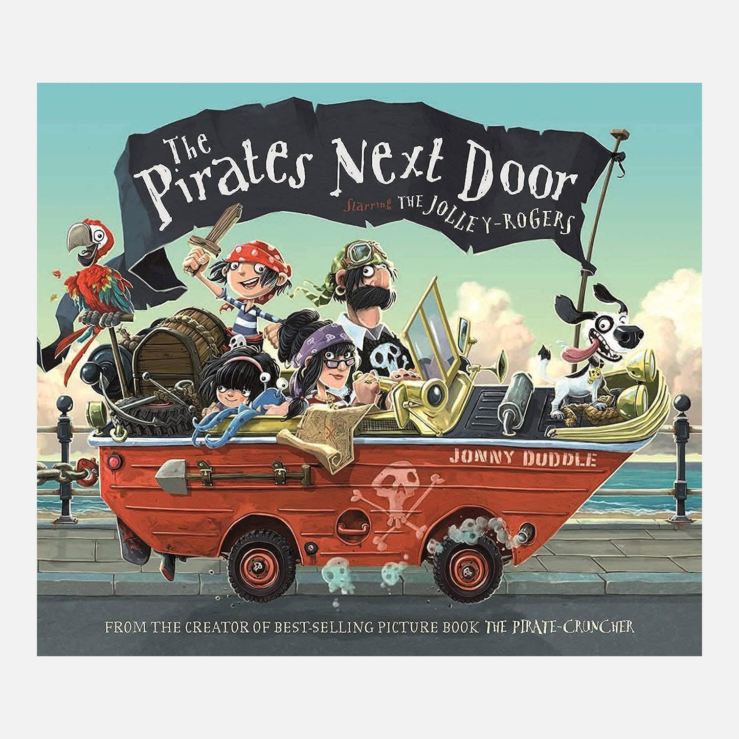 The pirates next door with a family of pirates driving along in a ship looking car full of treasure and maps