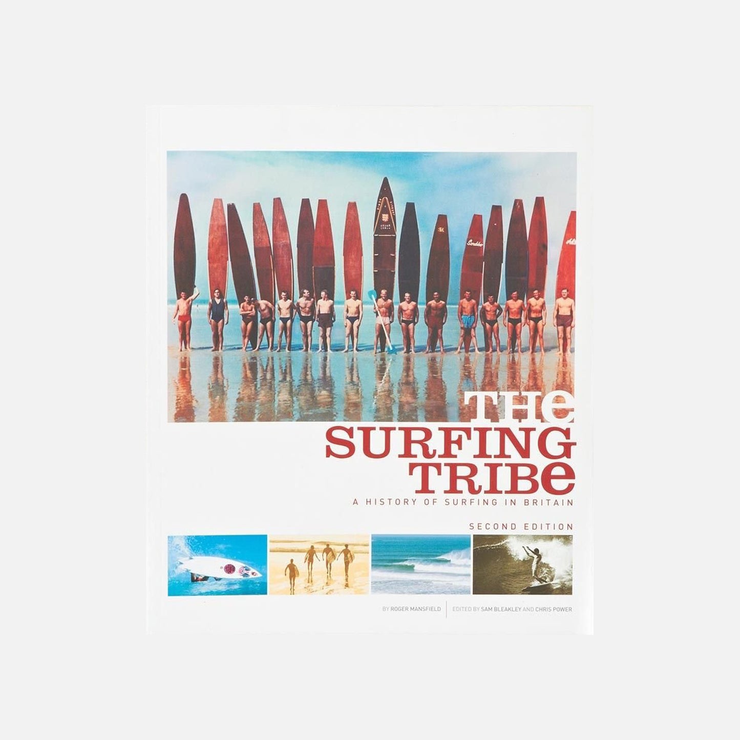 Cover art for "The Surfing Tribe: A History of Surfing," depicting surfers in action against a backdrop of ocean waves.