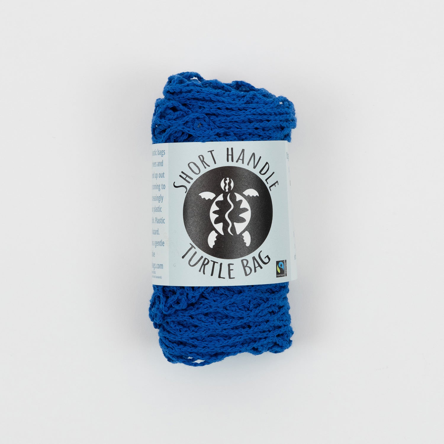 blue string shopping bag with short handles, in packaging
