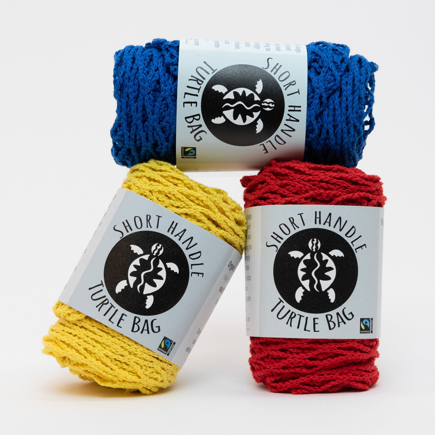 Yellow, blue and red string bag