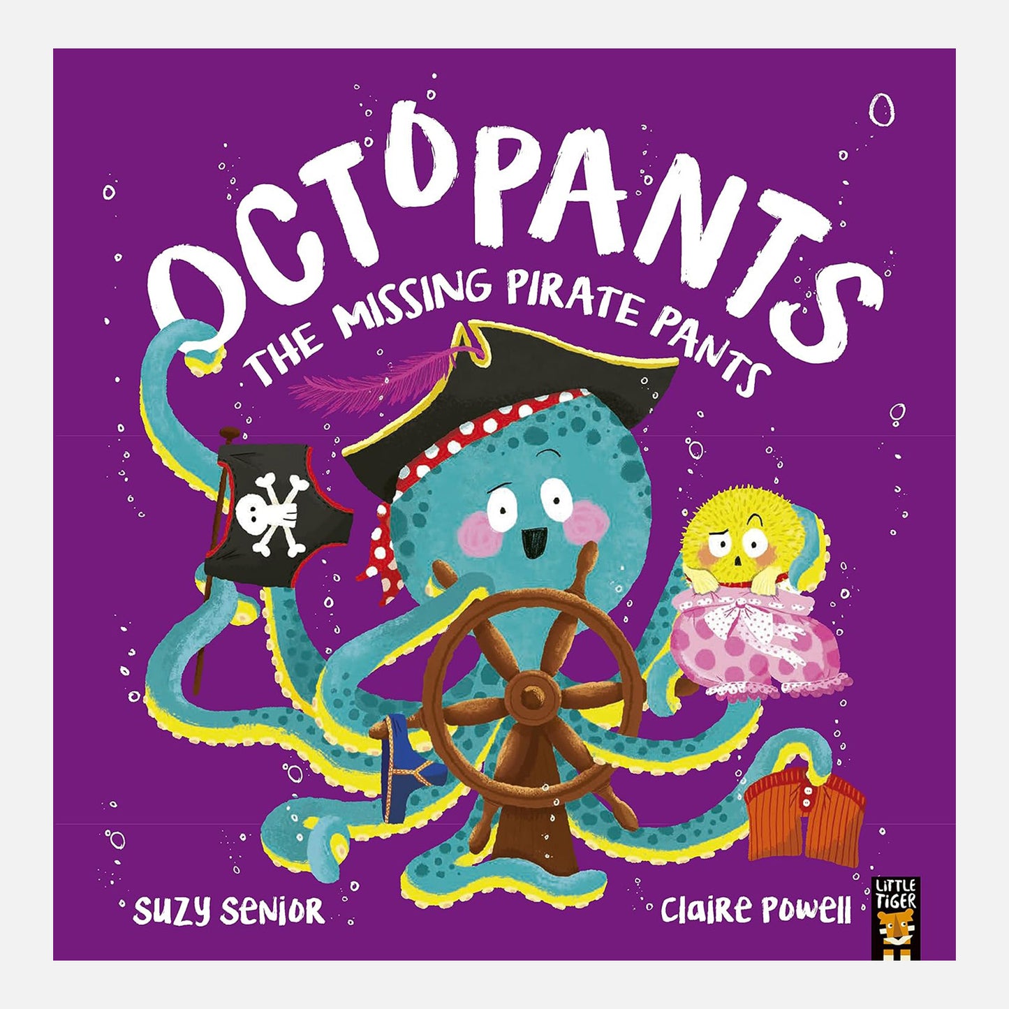 Octopants, the missing pirate pants with pirate octopus with ship steering wheel on a bight purple cover