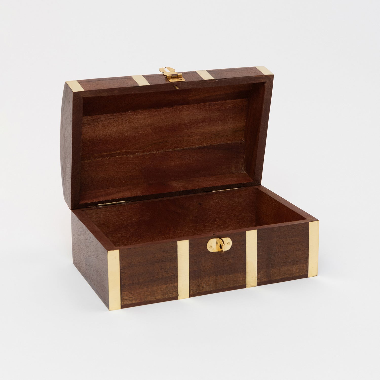 A wooden storage treasure chest adorned with a centrepiece anchor motif. Pictured on a white background. 