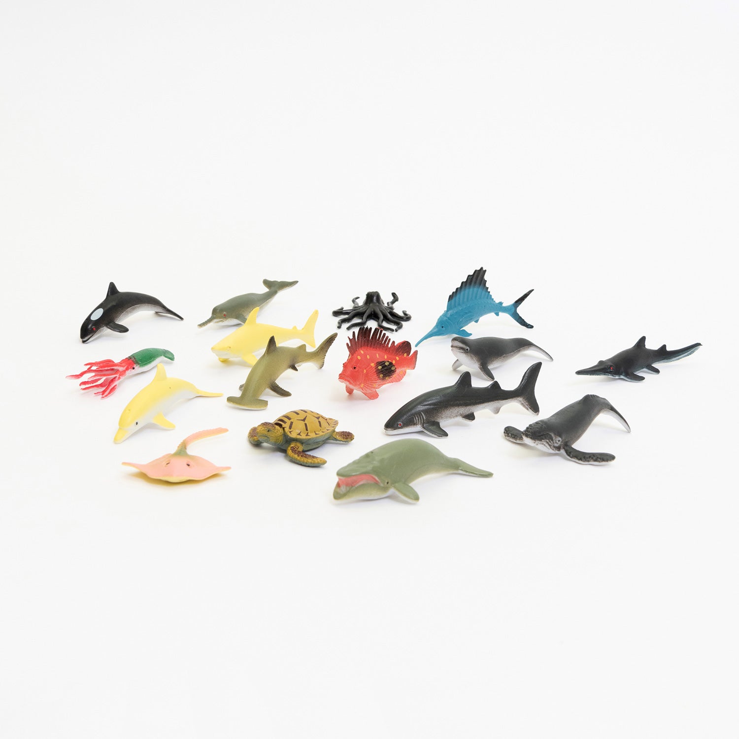 An assortment of 16 colourful ocean animal toys pictured on a white background.