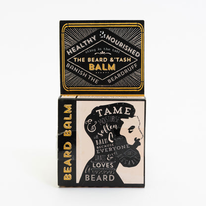 A box of beard balm pictured on a white background. The box has a yellow and black label featuring an illustration of a man in profile with a thick beard.