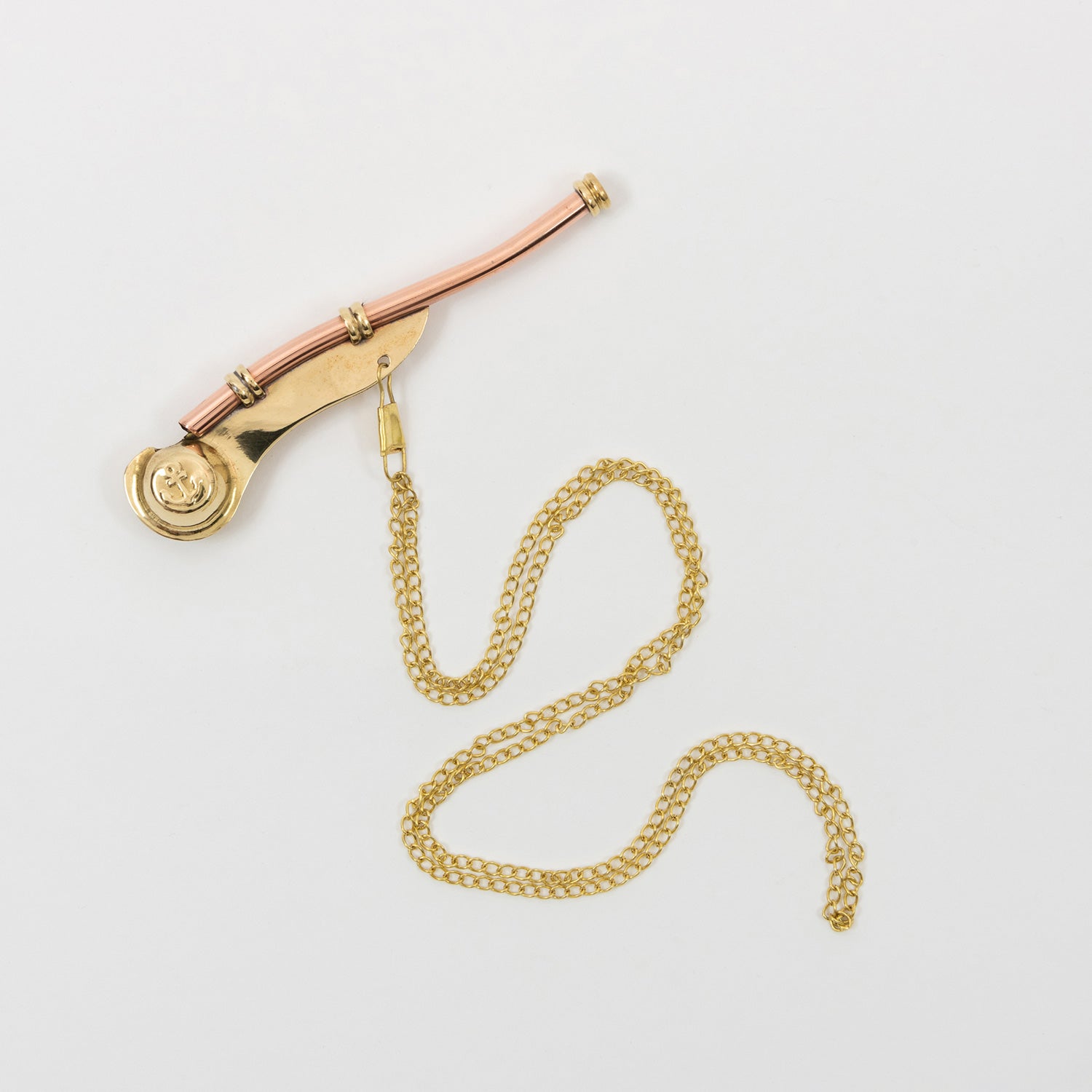 A replica bosun's call comes with a matching 50-inch neck chain and swivel snap-hook. Pictured on a white background.