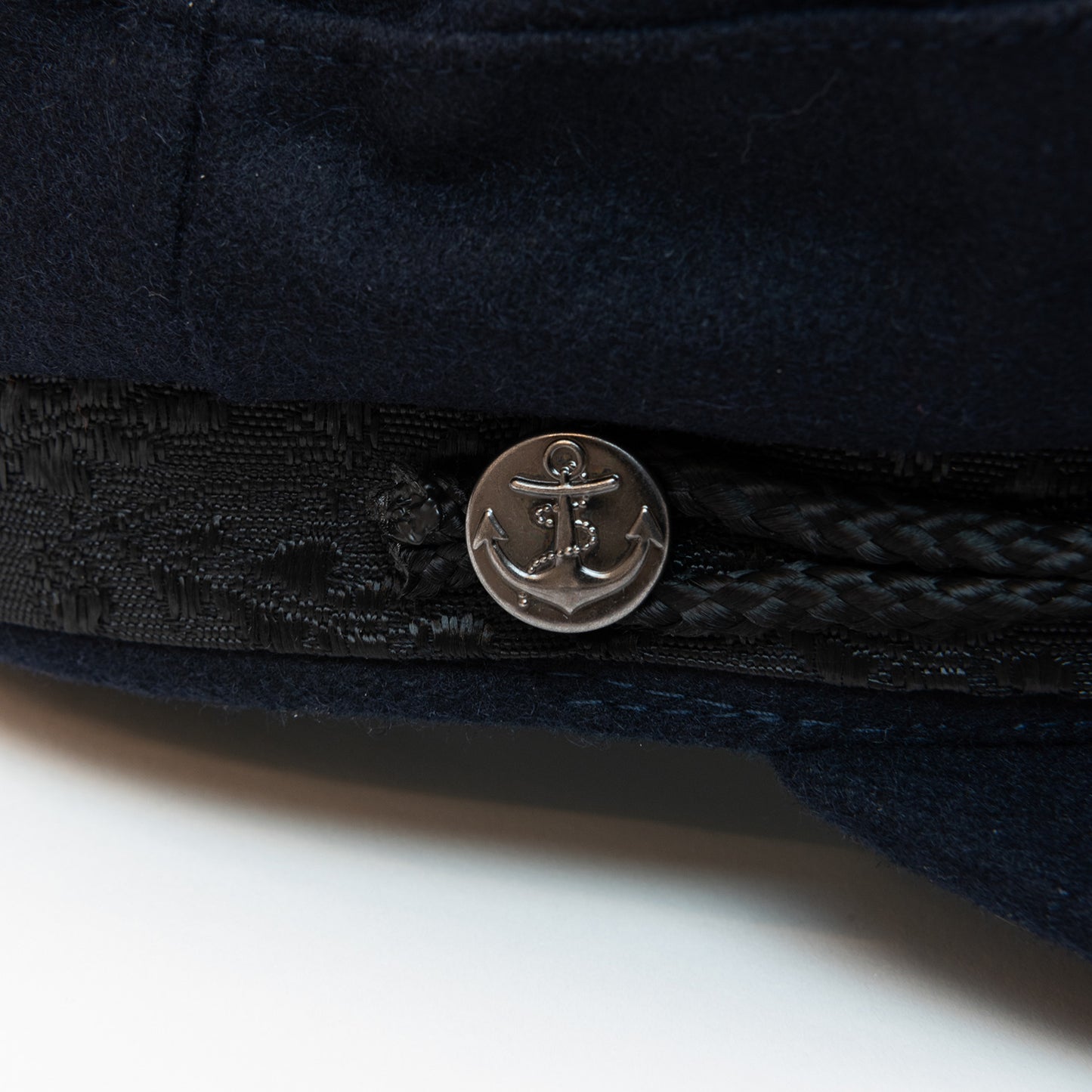 Close up of anchor button on the side of the breton cap