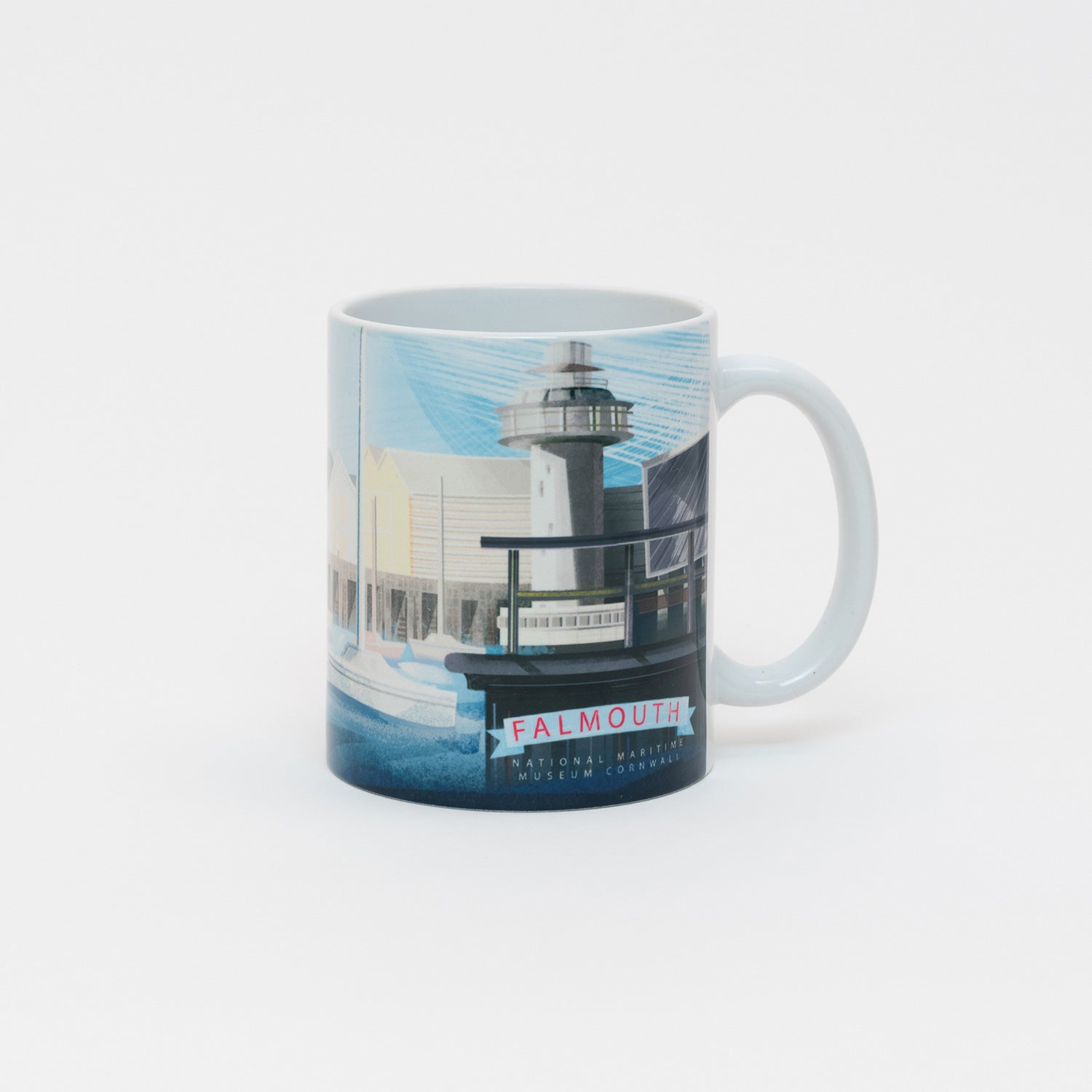 The front view of the white mug with an illustration of National Maritime Museum Cornwall