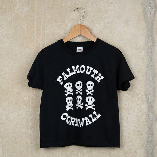 Black cotton child's t-shirt with Falmouth, Cornwall around six skull crossbones 