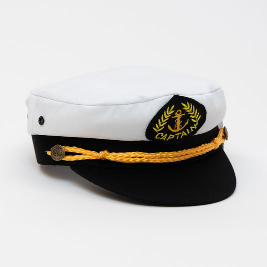 White children's cotton Captain Cap. It features, yellow braiding, and an embroidered captain badge.