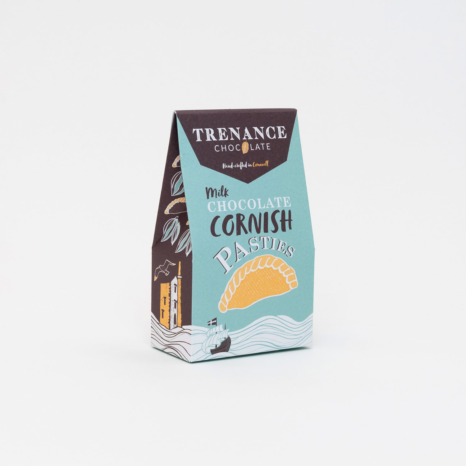 A pack of Milk Chocolate Cornish Pasties by Trenance Chocolate, pictured with a white background.