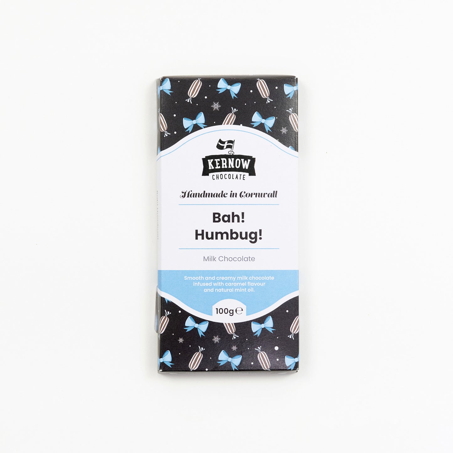 A packet of Bah Humbug Kernow Chocolate pictured on a white background.