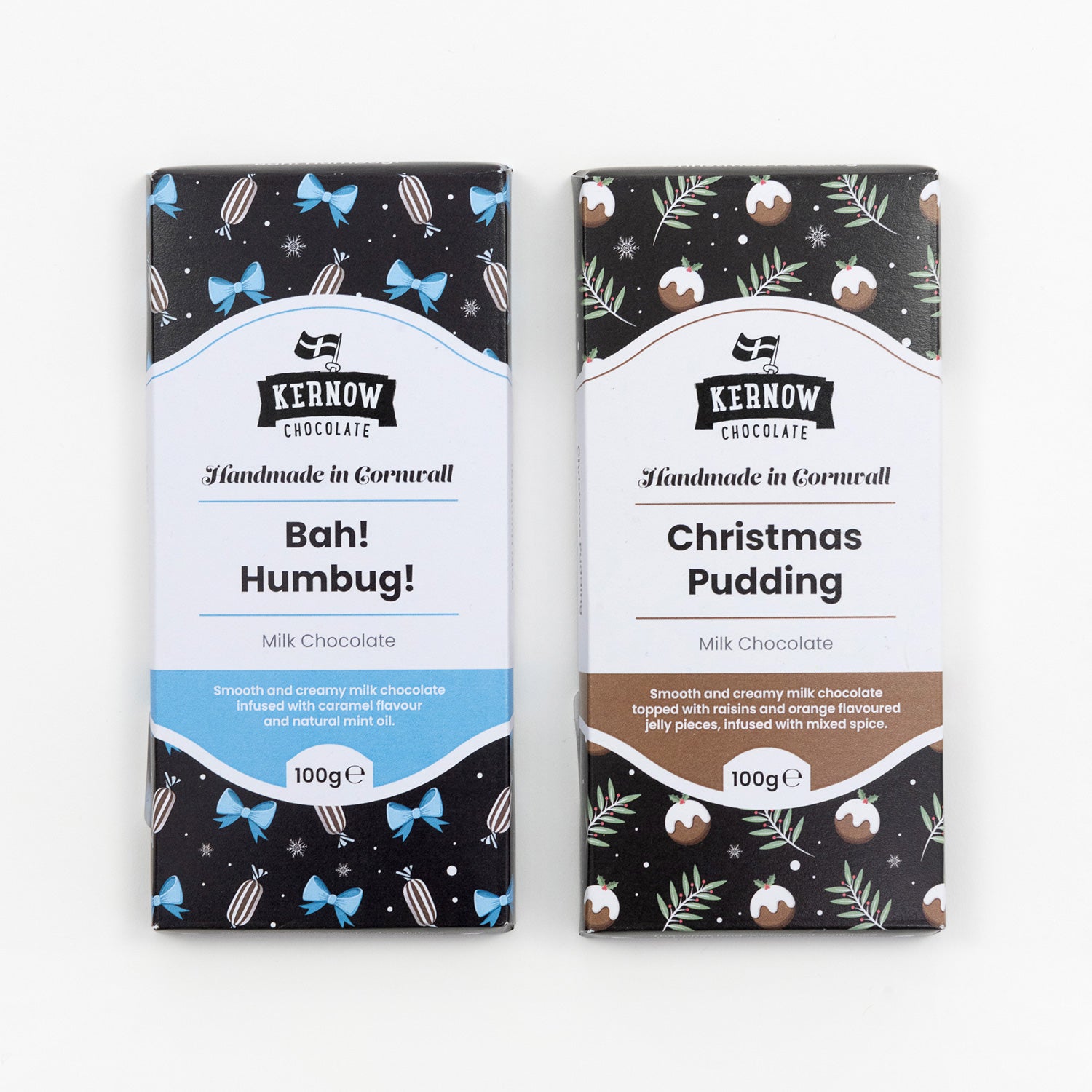 A packet of Bah Humbug and a packet of Christmas Pudding Kernow Chocolate pictured on a white background.