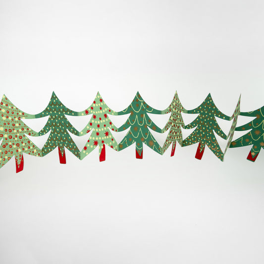 Showing a garland of Christmas trees in light green and dark green with metallic decorations.