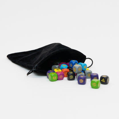 A black pouch from the Dice Splice game with colourful dice spilling from it.