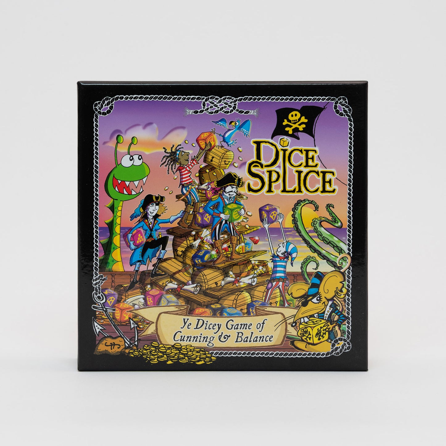 The box for Dice Splice which shows an illustration of pirates balancing a pile of treasure chests.