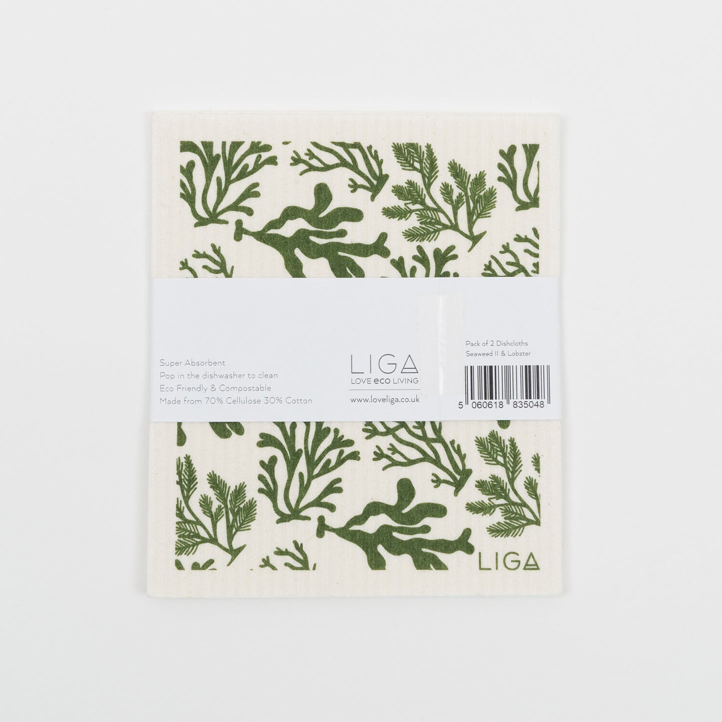 Seaweed pattern on a light cream background with back of the packaging.