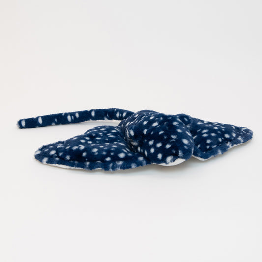 A plush ray soft toy, blue with white spots, pictured on a white background.