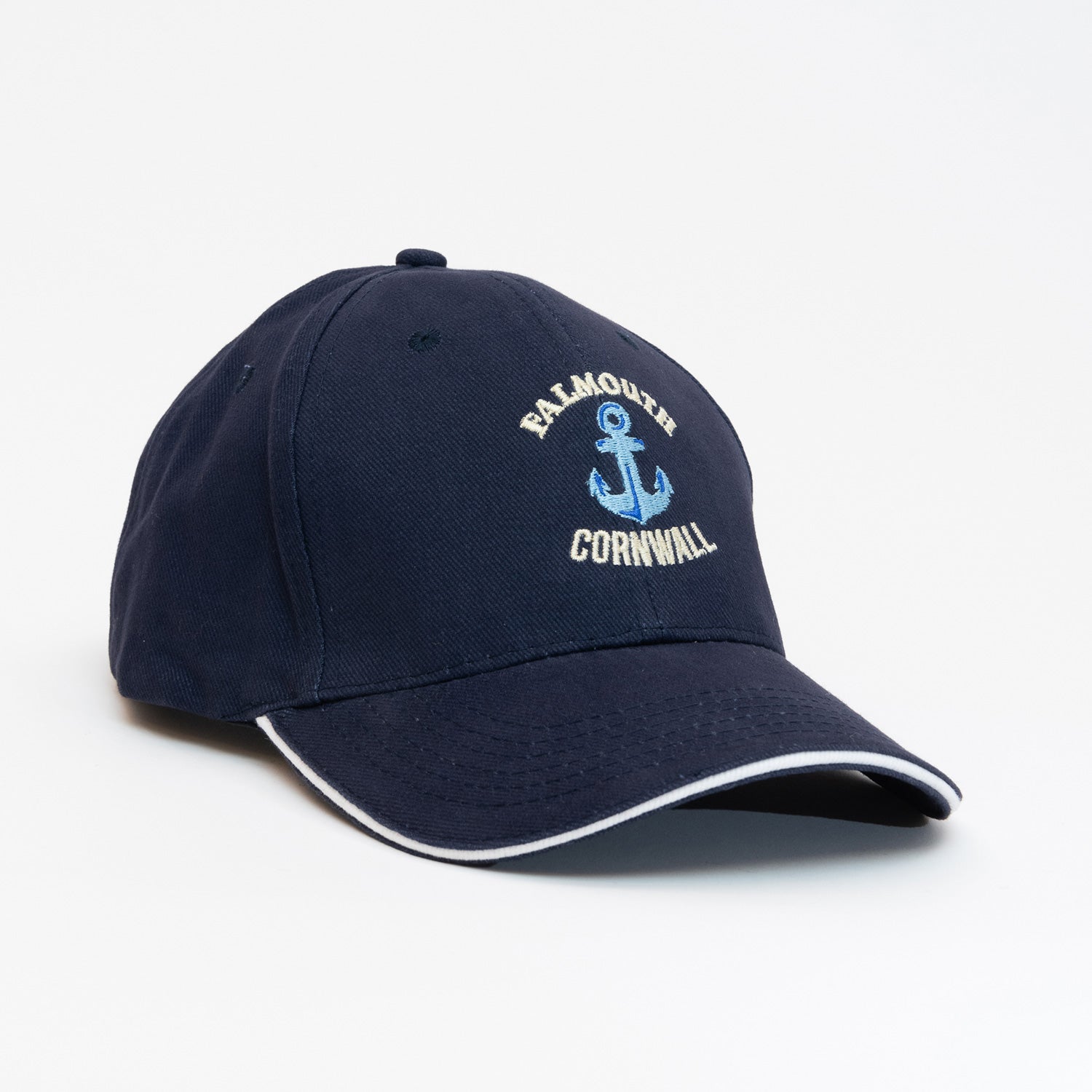 Navy cap with Falmouth, Cornwall embroidered in white around an embroidered blue anchor