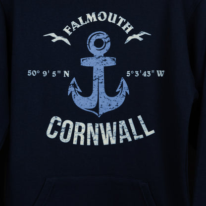 Close up detail of Navy hoodie with bespoke design made for the museum. Falmouth Cornwall in white writing around a distressed blue anchor