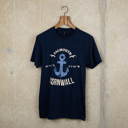 Navy blue cotton t-shirt with bespoke design featuring the wording Falmouth, Cornwall around a distressed blue anchor.