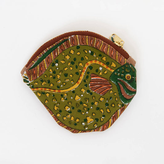 Green, brown and yellow purse with flat fish design