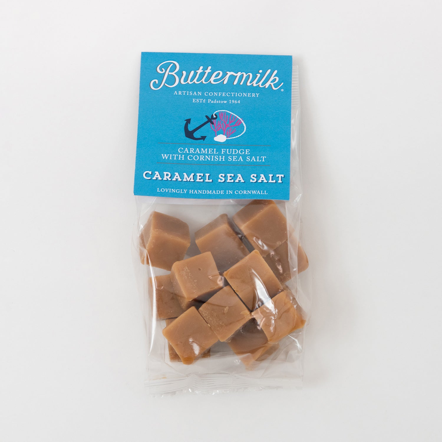 Buttermilk Salted Caramel Fudge in clear bag with Blue card label with Buttermilk Logo and anchor & shell design.