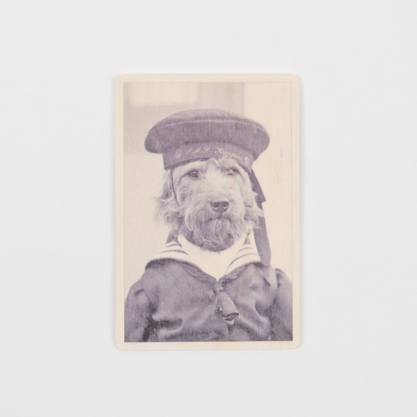 Wooden postcard with a black and white photo of a dog dressed as a sailor.
