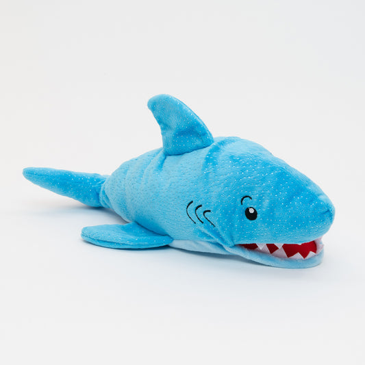 Playful Shark Hand Puppet. With a bright blue and silver spotted plush coat, stitched eyes and gills and a vibrant red mouth with plenty of sharp looking felt teeth in its movable mouth, soft fabrics and quality embroidered details.