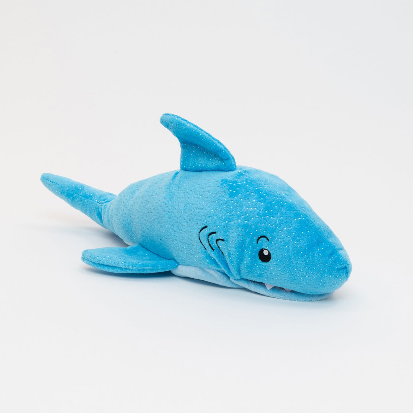 Playful Shark Hand Puppet. With a bright blue and silver spotted plush coat, stitched eyes and gills and a vibrant red mouth with plenty of sharp looking felt teeth in its movable mouth, soft fabrics and quality embroidered details.