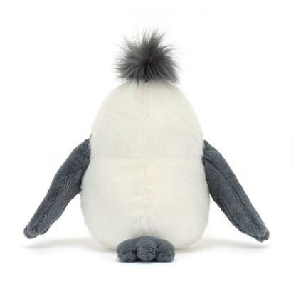 Stuffed seagull toy with a white body, grey wings, and grey pom-pom on a white background