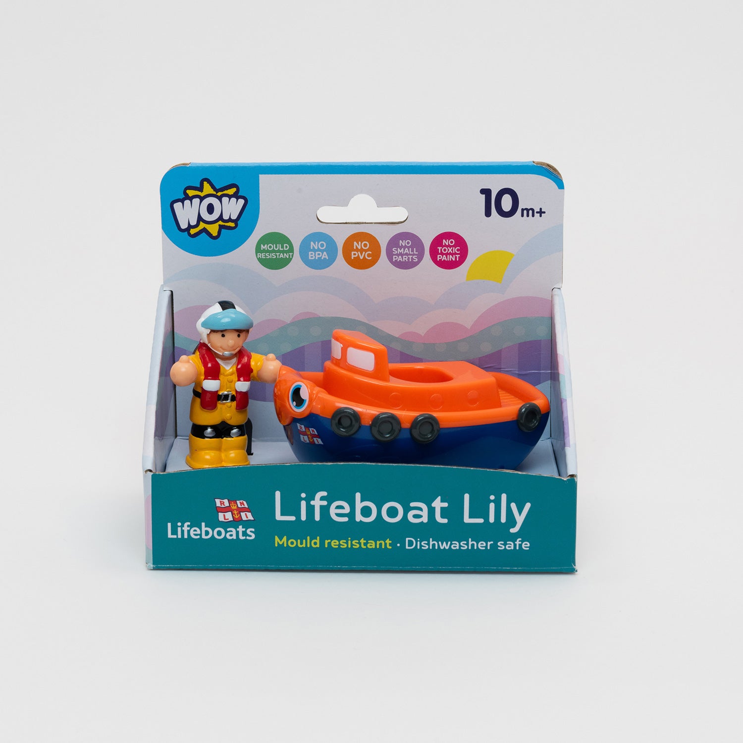 RNLI Lifeboat Lily Bath Toy.  Orange and Blue cartoon lifeboat toy with detachable RNLI team member Lily in her yellow waterproofs and helmet in carboard packaging.
