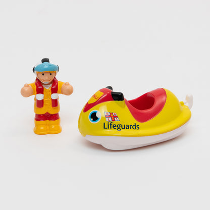 RNLI Lifegaurd Lucy Bath Toy.  Yellow and Red cartoon lifesaving jetski toy with detachable RNLI team member Lucy in her yellow waterproofs and helmet.