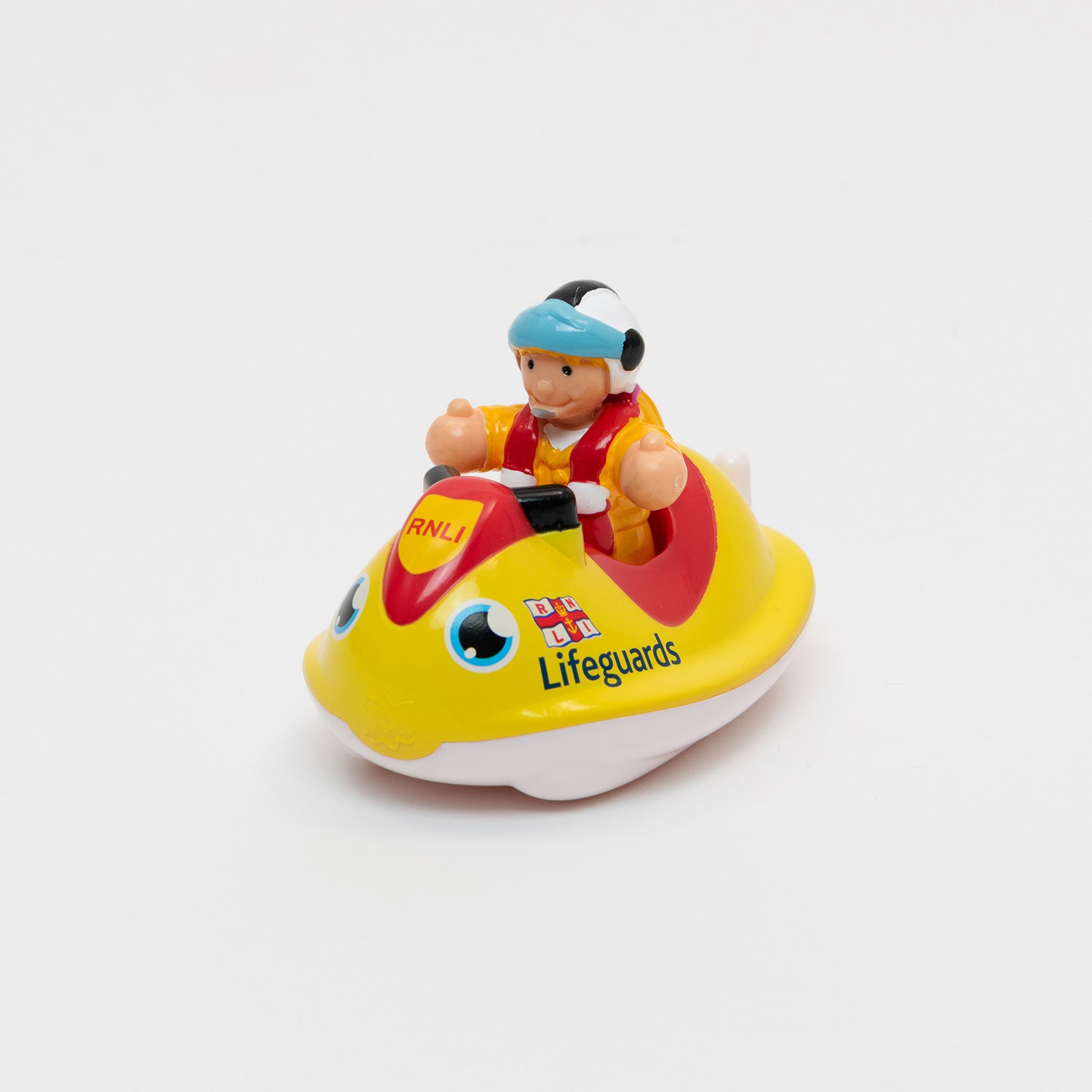 RNLI Lifegaurd Lucy Bath Toy.  Yellow and Red cartoon lifesaving jetski toy with detachable RNLI team member Lucy in her yellow waterproofs and helmet sat on top.