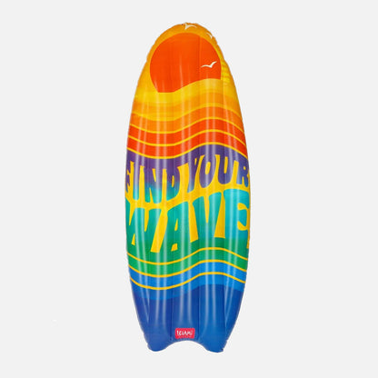 Image showing blown up Lilo with Find Your Wave wording printed in rainbow colours across the top.