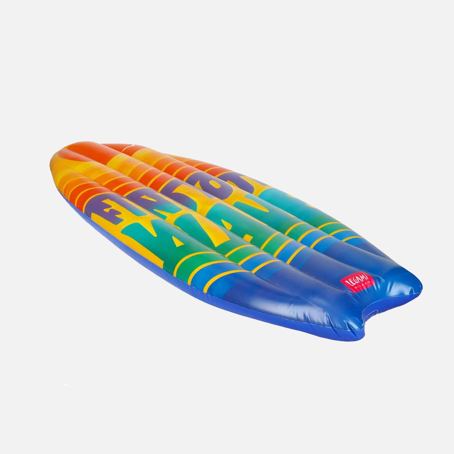 Three quarter shot, showing blown up Lilo with Find Your Wave wording printed in rainbow colours across the top.