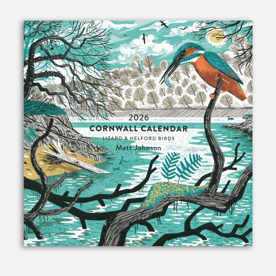 2026 Cornwall calendar with nature-themed design featuring a kingfisher.